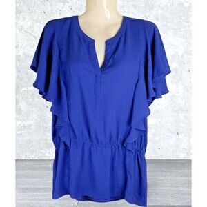 Chico's Women's Blouse Royal Blue Ruffle Sleeve V-Neck Peplum Size Small